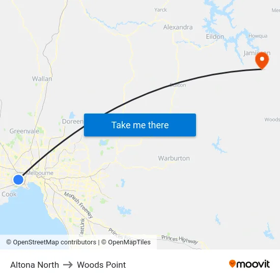 Altona North to Woods Point map
