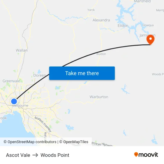 Ascot Vale to Woods Point map