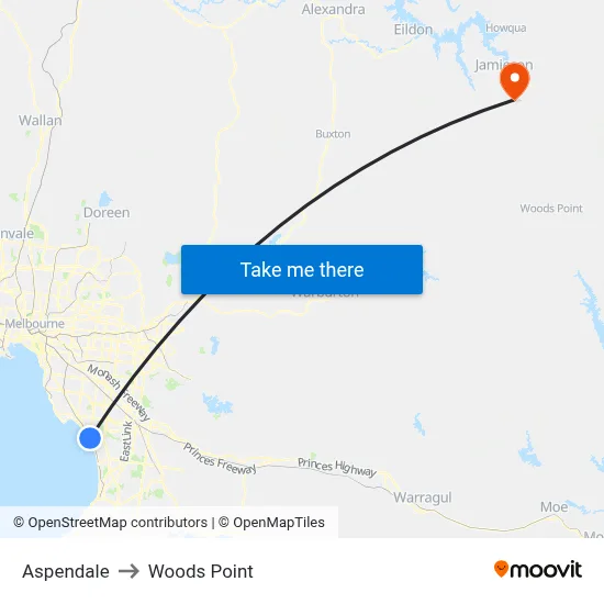 Aspendale to Woods Point map