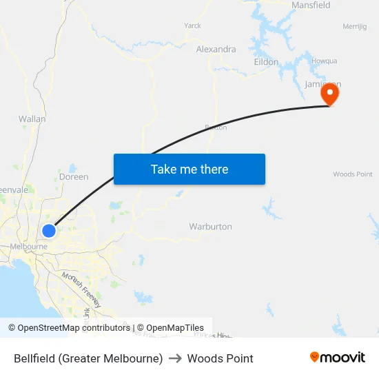 Bellfield (Greater Melbourne) to Woods Point map