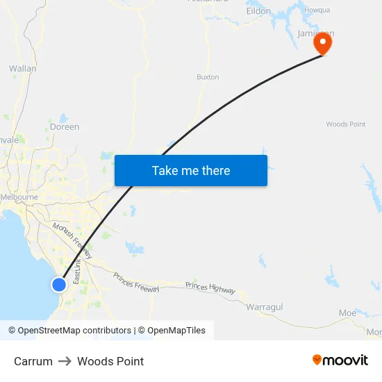 Carrum to Woods Point map