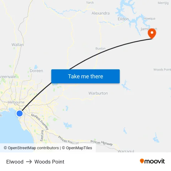 Elwood to Woods Point map