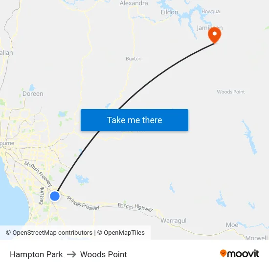 Hampton Park to Woods Point map