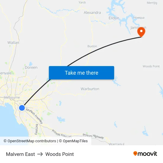 Malvern East to Woods Point map