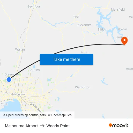 Melbourne Airport to Woods Point map