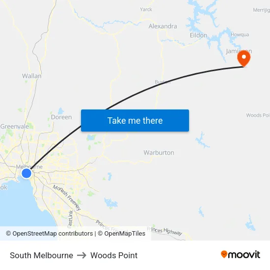 South Melbourne to Woods Point map