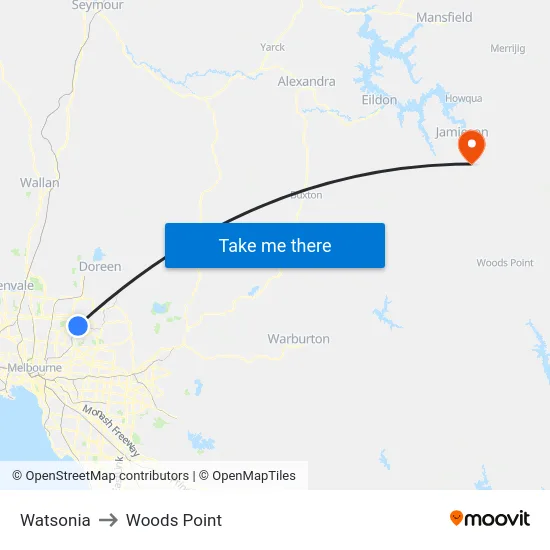 Watsonia to Woods Point map