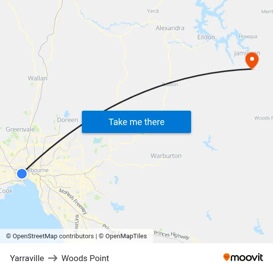 Yarraville to Woods Point map
