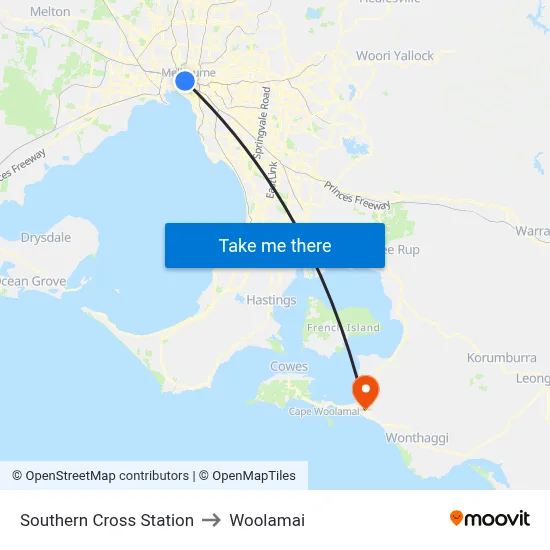 Southern Cross Station to Woolamai map