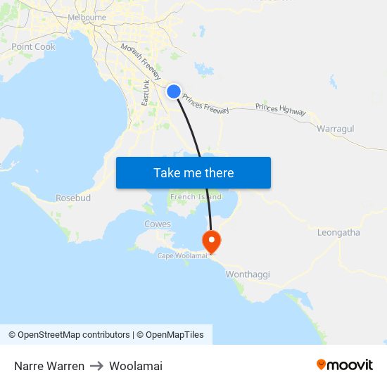 Narre Warren to Woolamai map