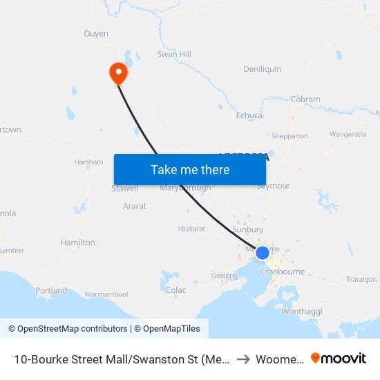 10-Bourke Street Mall/Swanston St (Melbourne City) to Woomelang map