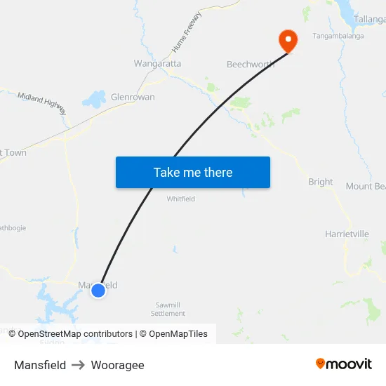 Mansfield to Wooragee map