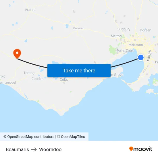Beaumaris to Woorndoo map