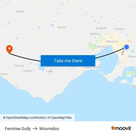 Ferntree Gully to Woorndoo map