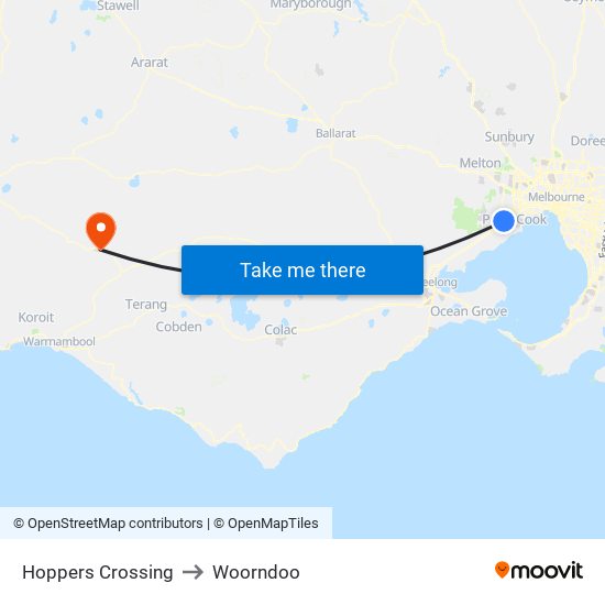 Hoppers Crossing to Woorndoo map