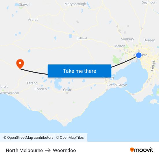 North Melbourne to Woorndoo map