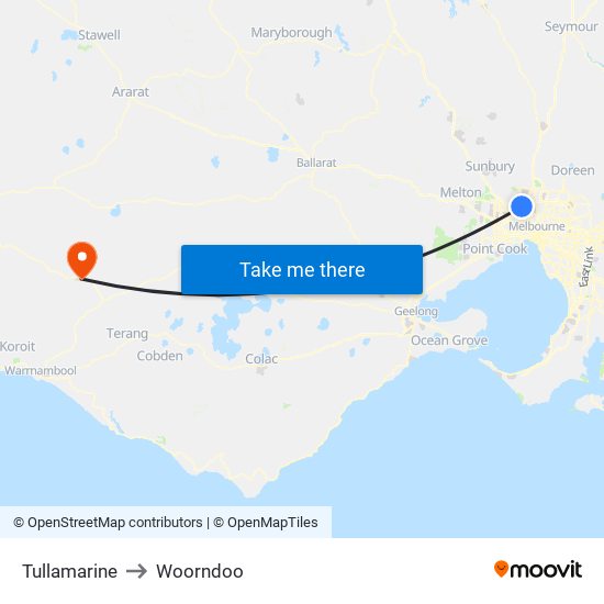 Tullamarine to Woorndoo map