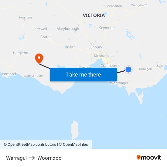 Warragul to Woorndoo map