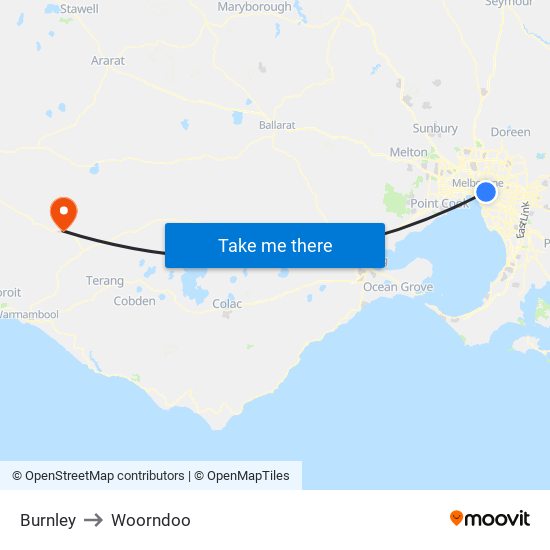 Burnley to Woorndoo map