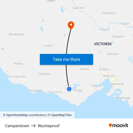 Camperdown to Wycheproof map