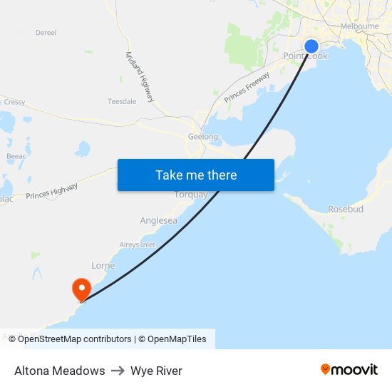 Altona Meadows to Wye River map