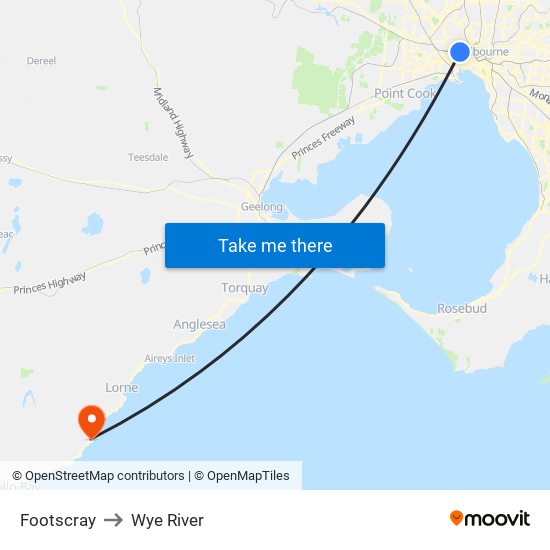 Footscray to Wye River map