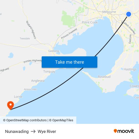 Nunawading to Wye River map