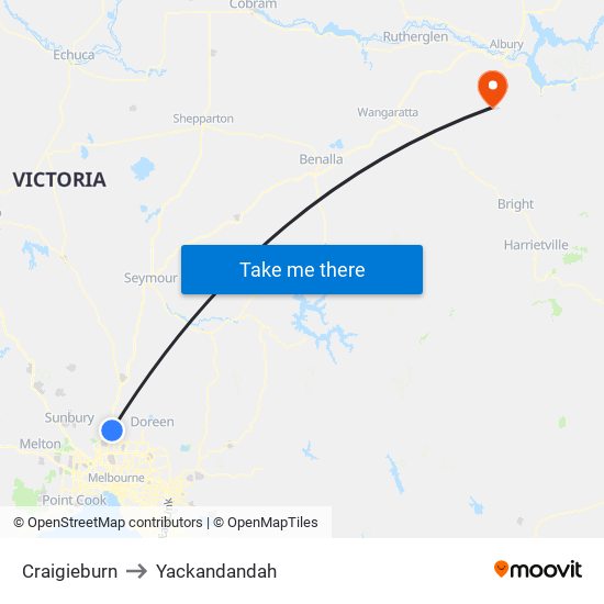 Craigieburn to Yackandandah map