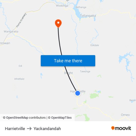 Harrietville to Yackandandah map