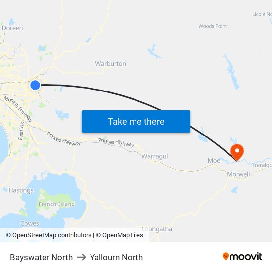 Bayswater North to Yallourn North map