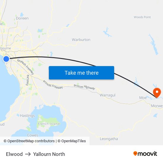 Elwood to Yallourn North map