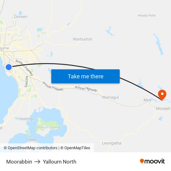 Moorabbin to Yallourn North map