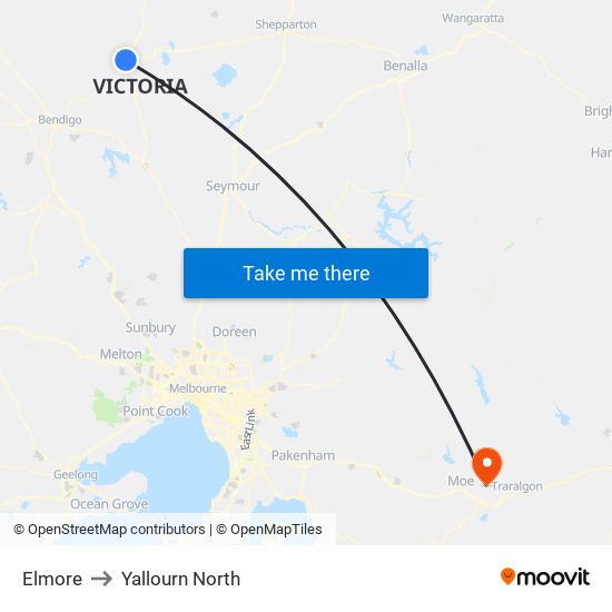 Elmore to Yallourn North map