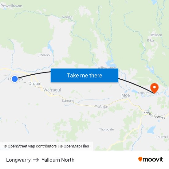 Longwarry to Yallourn North map