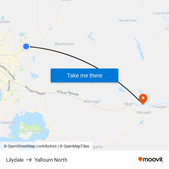 Lilydale to Yallourn North map