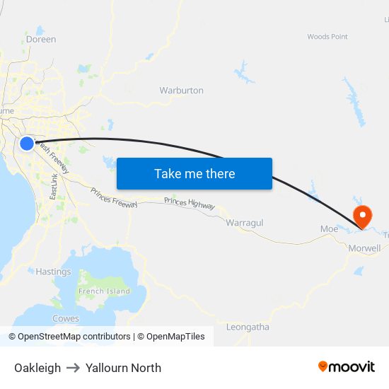 Oakleigh to Yallourn North map