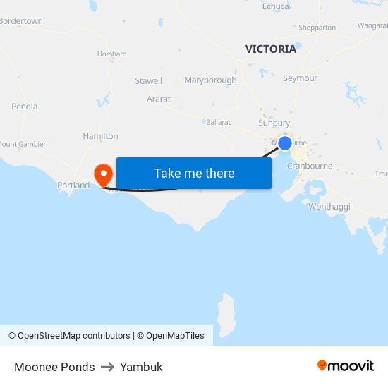 Moonee Ponds to Yambuk map