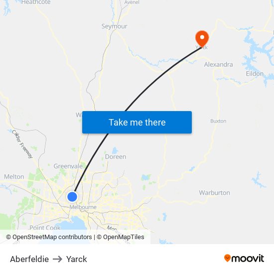 Aberfeldie to Yarck map