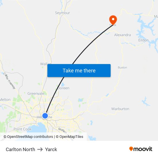 Carlton North to Yarck map