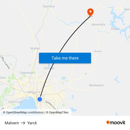 Malvern to Yarck map