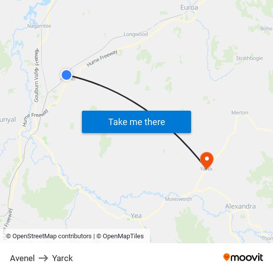 Avenel to Yarck map