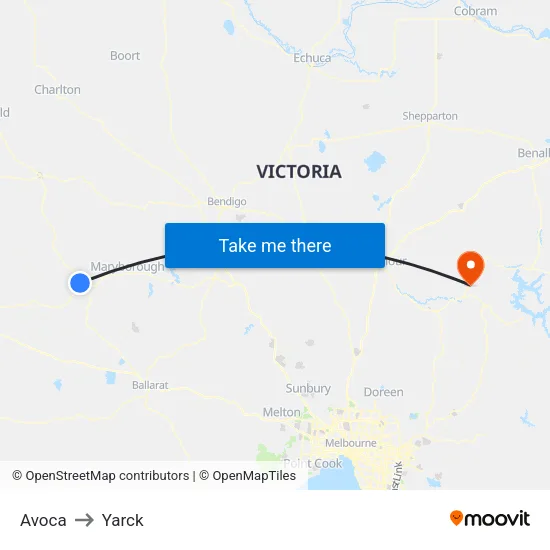 Avoca to Yarck map