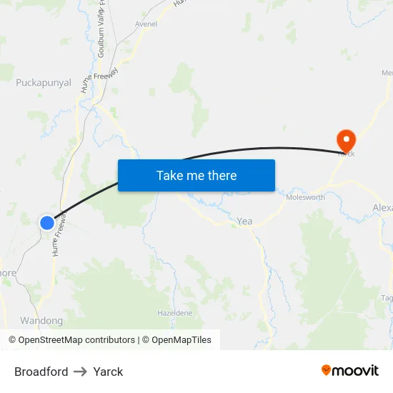 Broadford to Yarck map