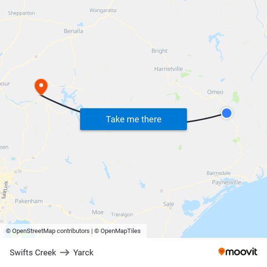 Swifts Creek to Yarck map
