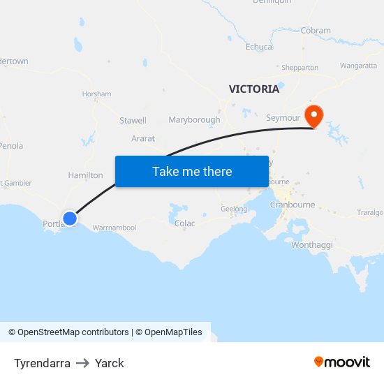 Tyrendarra to Yarck map