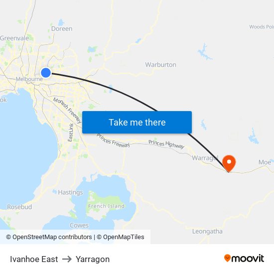 Ivanhoe East to Yarragon map