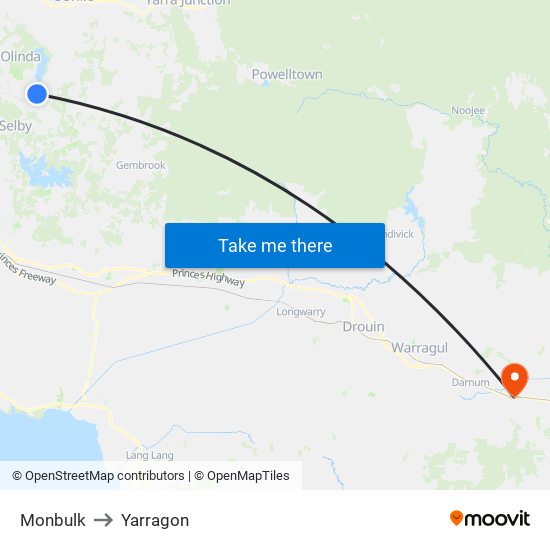 Monbulk to Yarragon map