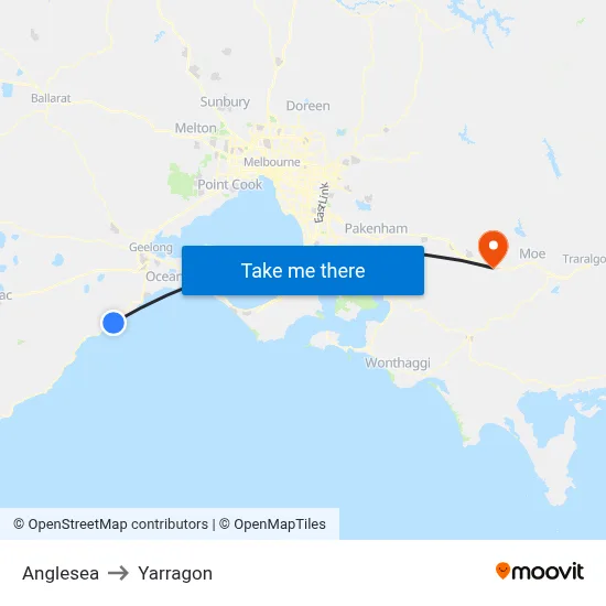 Anglesea to Yarragon map