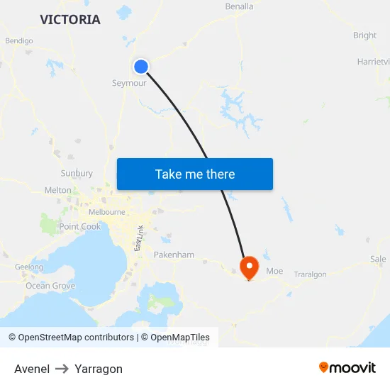 Avenel to Yarragon map