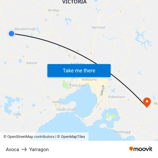 Avoca to Yarragon map